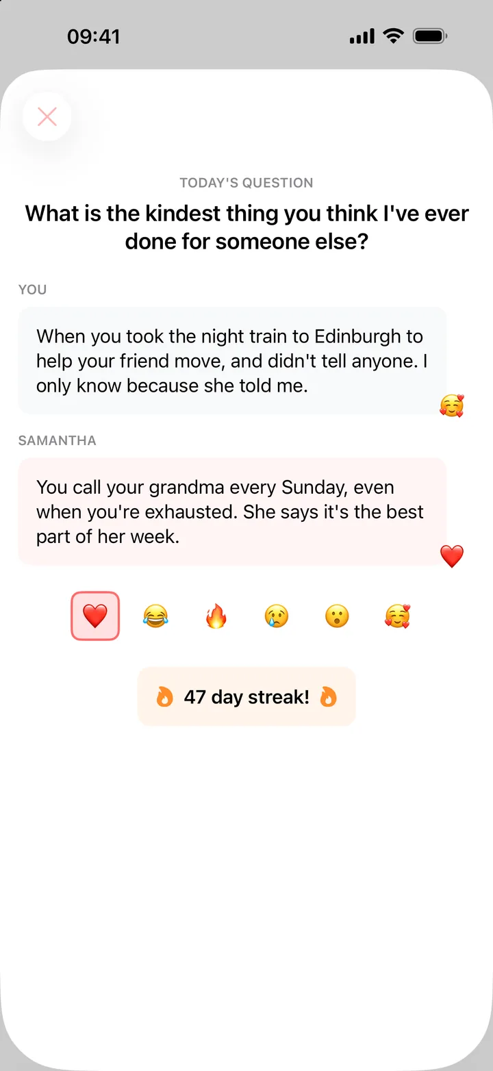 Daily question with both answers revealed, emoji reactions, and a 47 day streak