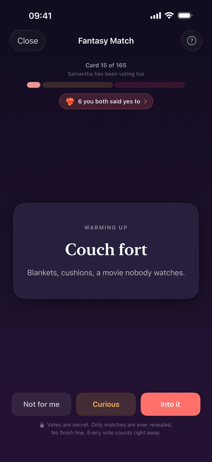 A Warming up card in Fantasy Match, Couch fort, with Not for me, Curious, and Into it buttons