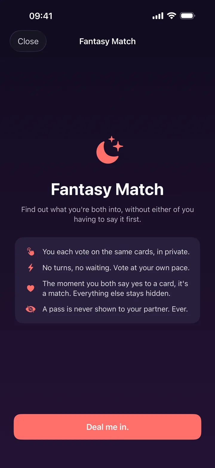 Fantasy Match intro: you each vote on the same cards in private, a match happens when you both say yes, and a pass is never shown