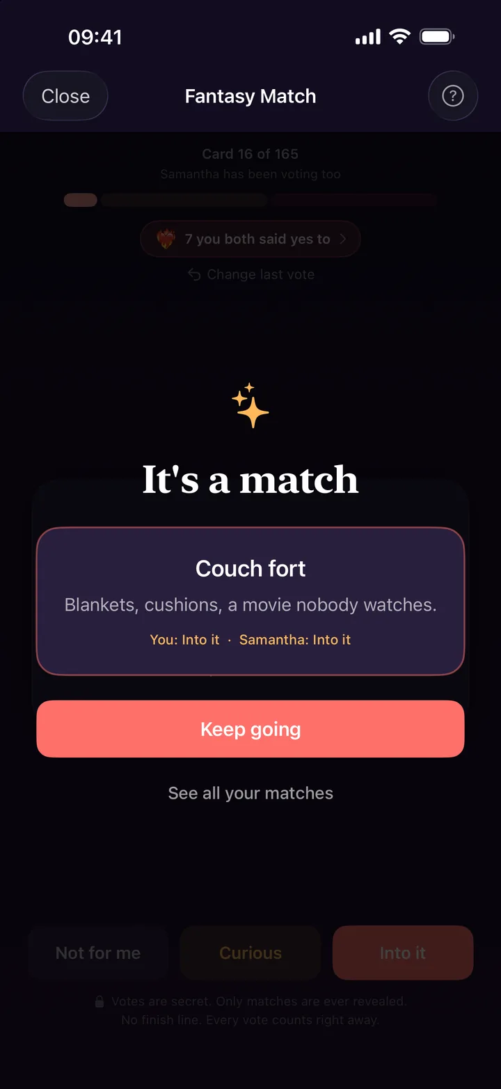 Fantasy Match showing It's a match for Couch fort, a card both partners said yes to