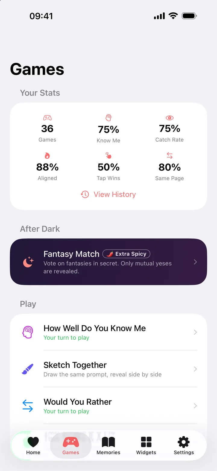 The Games tab with Your Stats (36 games, 75% Know Me, 75% Catch Rate, 88% Aligned, 50% Tap Wins, 80% Same Page) above Fantasy Match and the game list