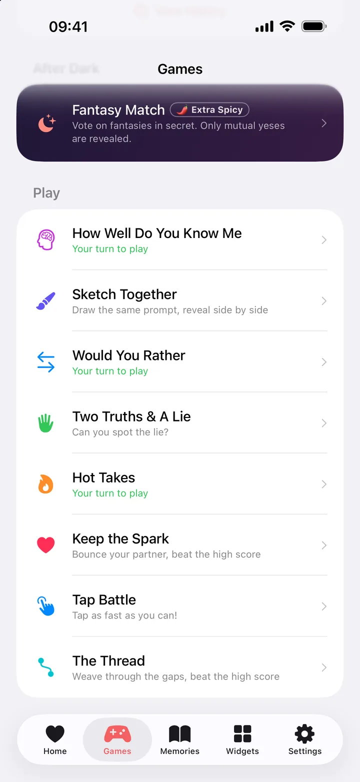 The FeelClose Games tab listing Fantasy Match and eight games to play together