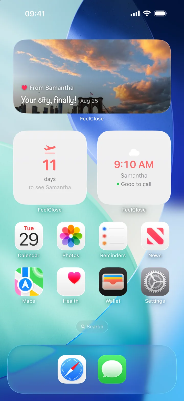 iPhone home screen with FeelClose widgets: a shared photo, days until the next visit, and the partner's local time