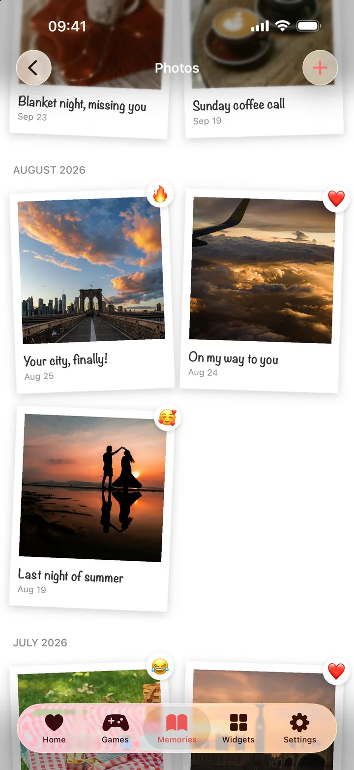 August 2026 in the Photos timeline: polaroids captioned Your city, finally!, On my way to you, and Last night of summer, each with a reaction