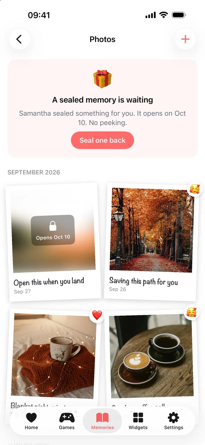 The shared Memories timeline: a sealed memory waiting to open and photos from September