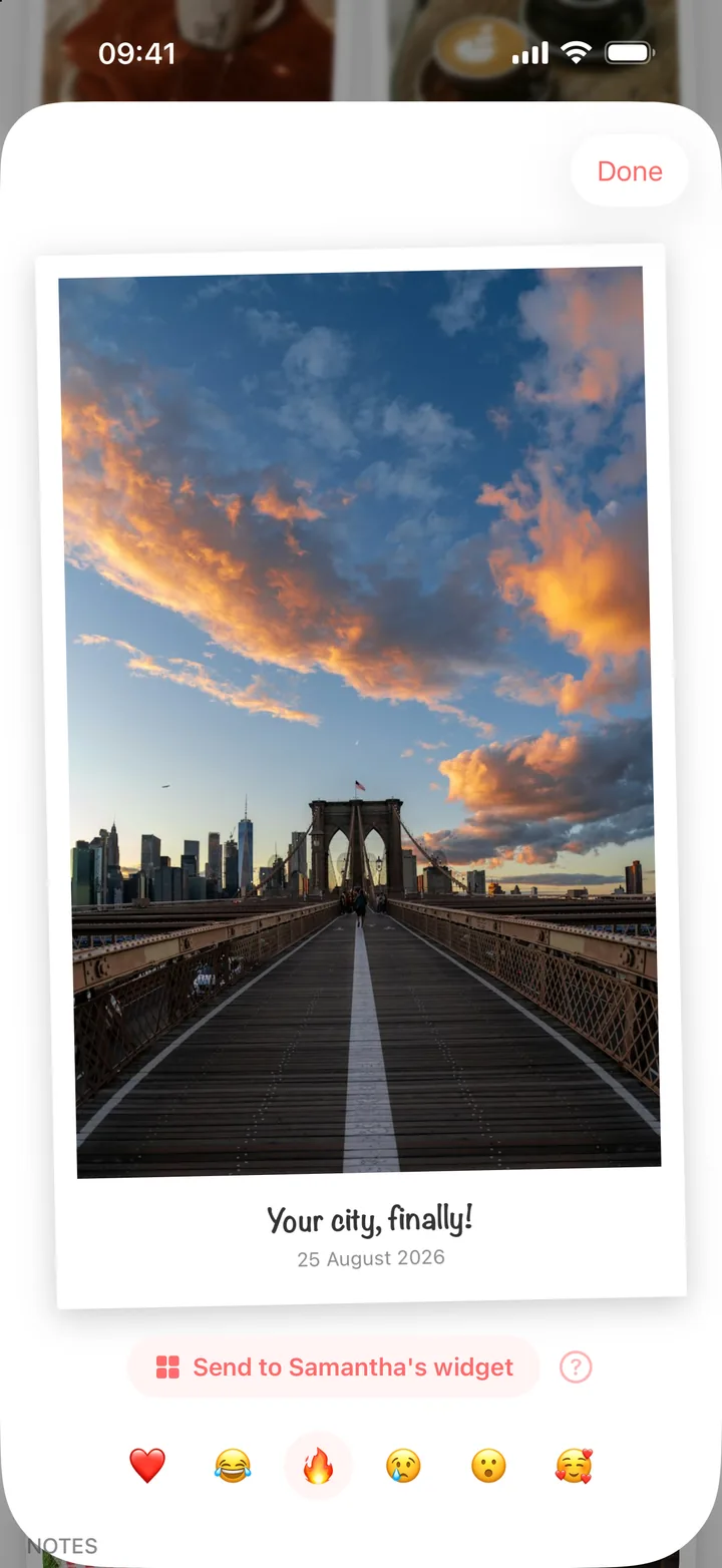 A memory titled Your city, finally! with a Send to Samantha's widget button and reactions
