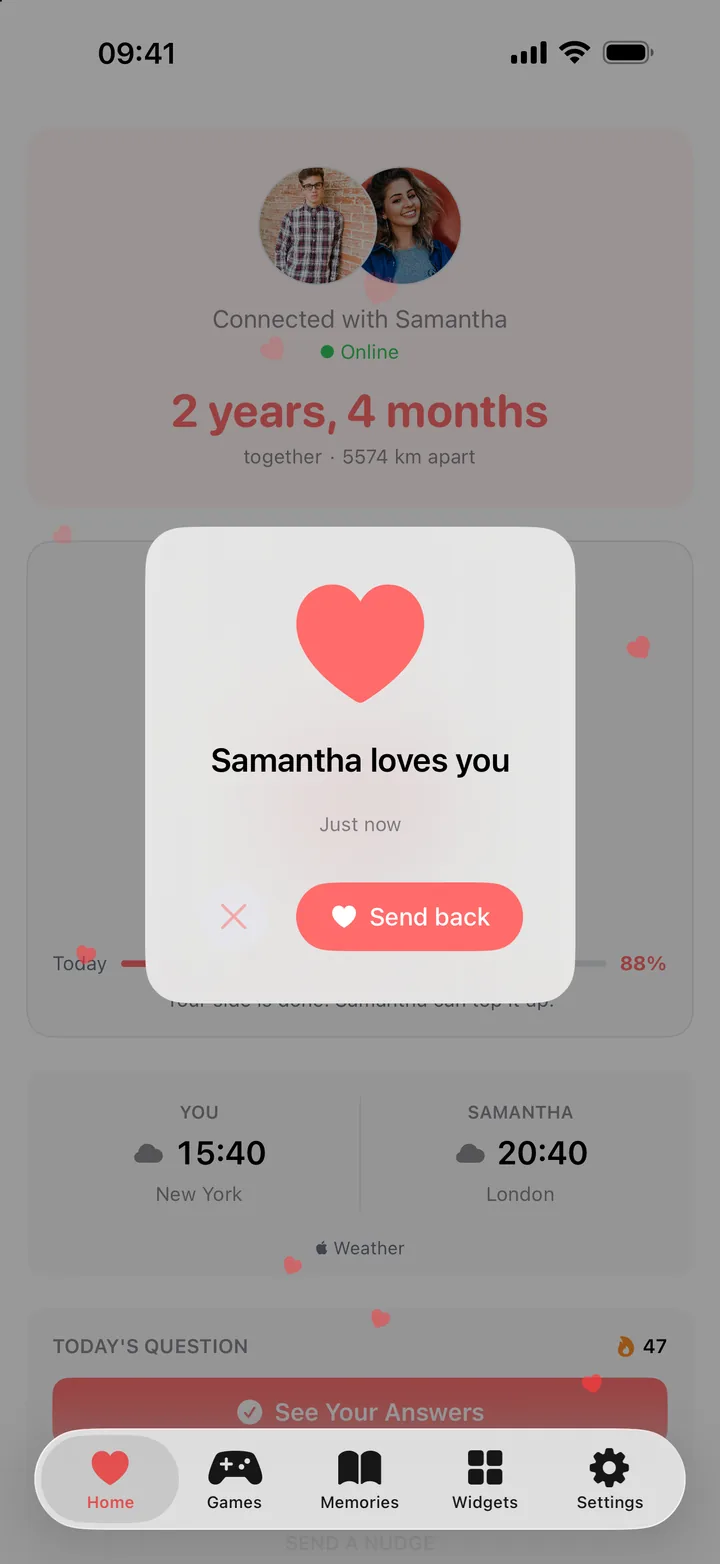 A "Samantha loves you" nudge arriving with a Send back button