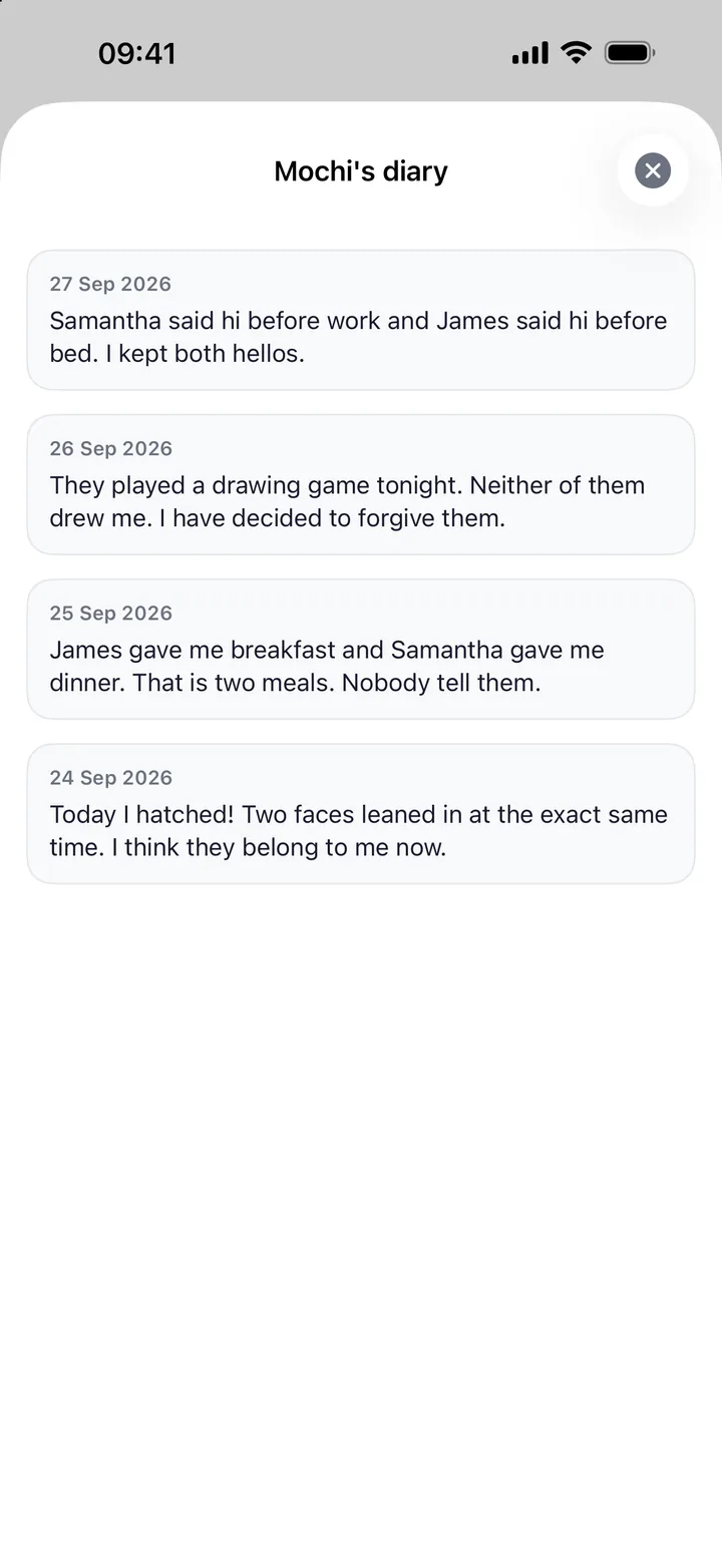Mochi's diary with four dated entries, starting with Today I hatched! Two faces leaned in at the exact same time