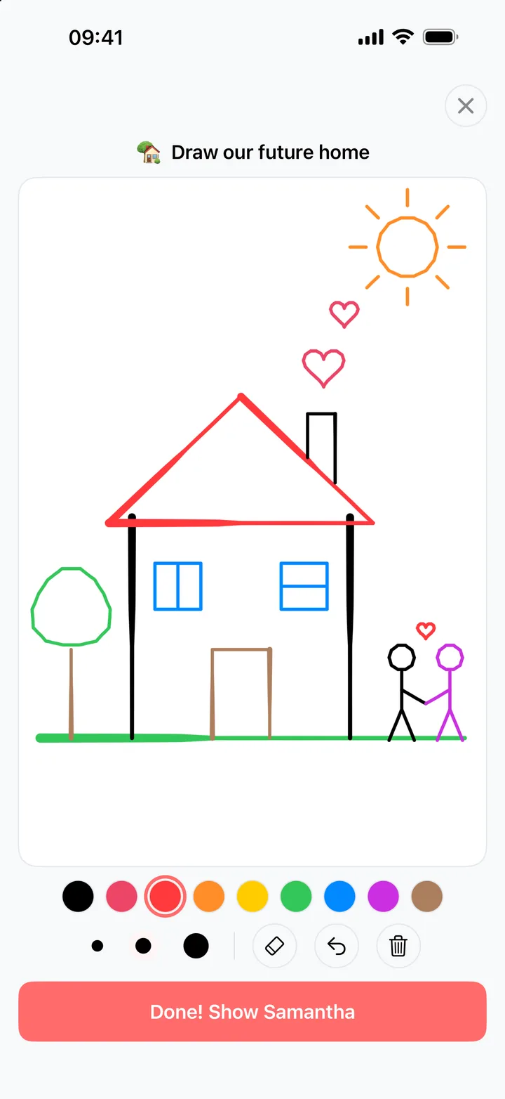 Sketch Together canvas with the prompt draw our future home and a color palette