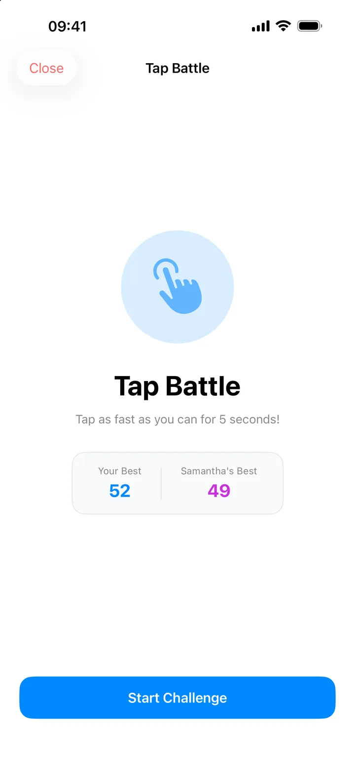 Tap Battle start screen showing your best of 52 taps and your partner's best of 49