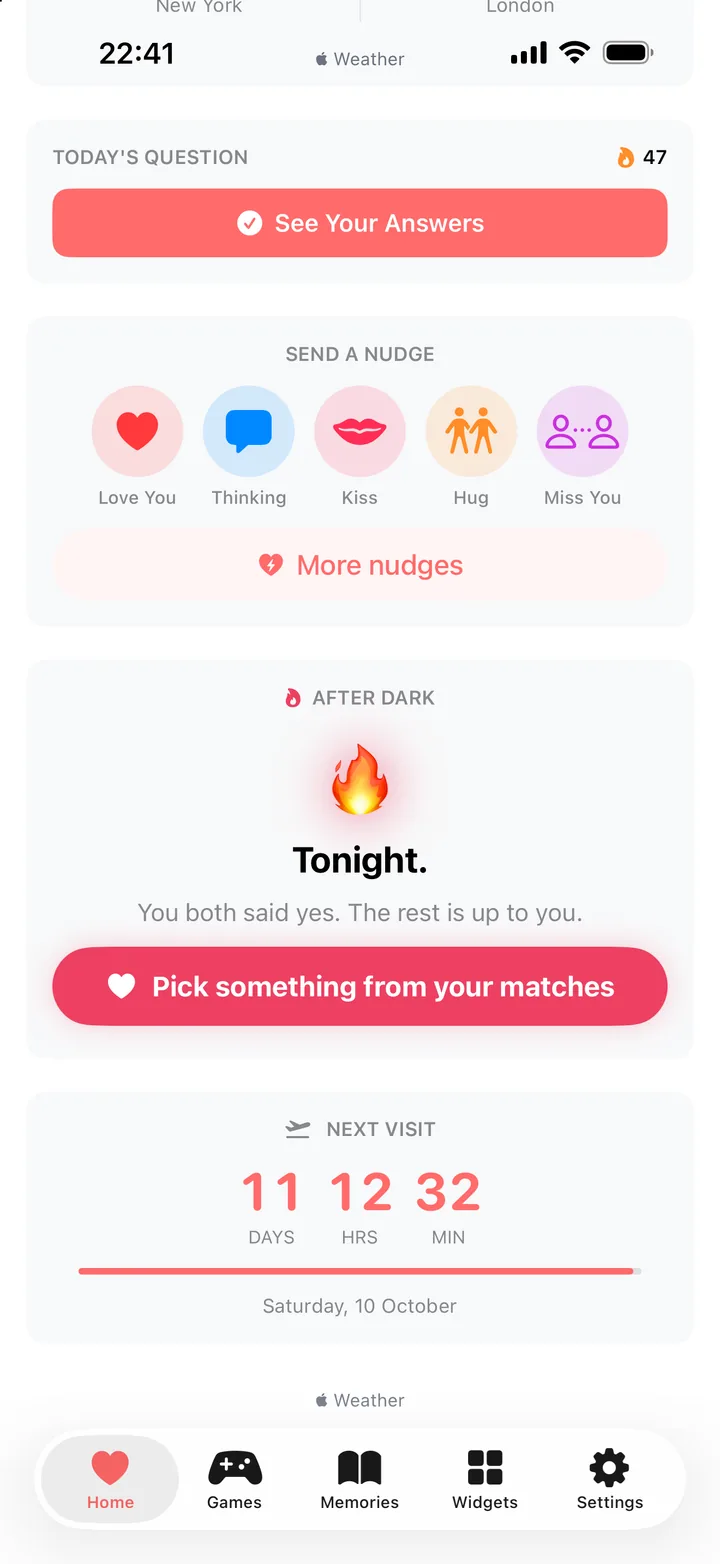 The After Dark card on Home after both partners tapped: Tonight. You both said yes. The rest is up to you, with a button to pick something from your matches