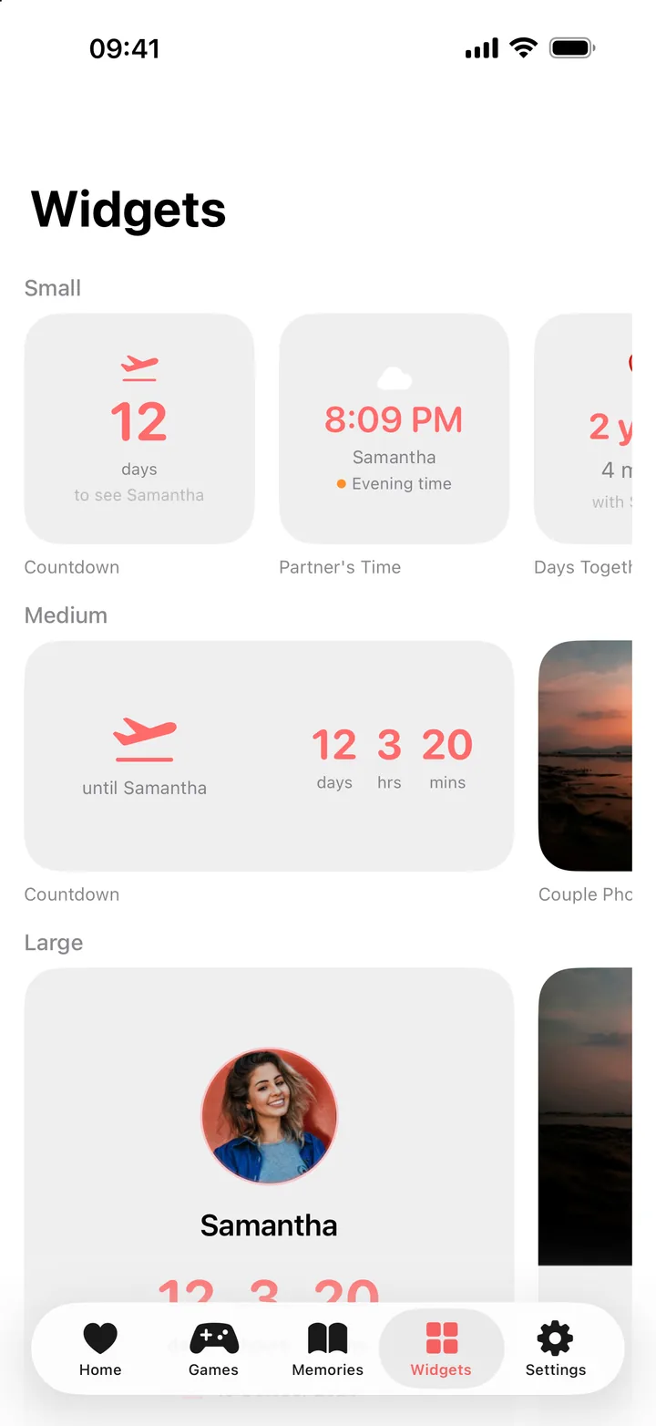 The Widgets tab in FeelClose, previewing the countdown, partner's time, days together, and couple photo widgets in small, medium, and large