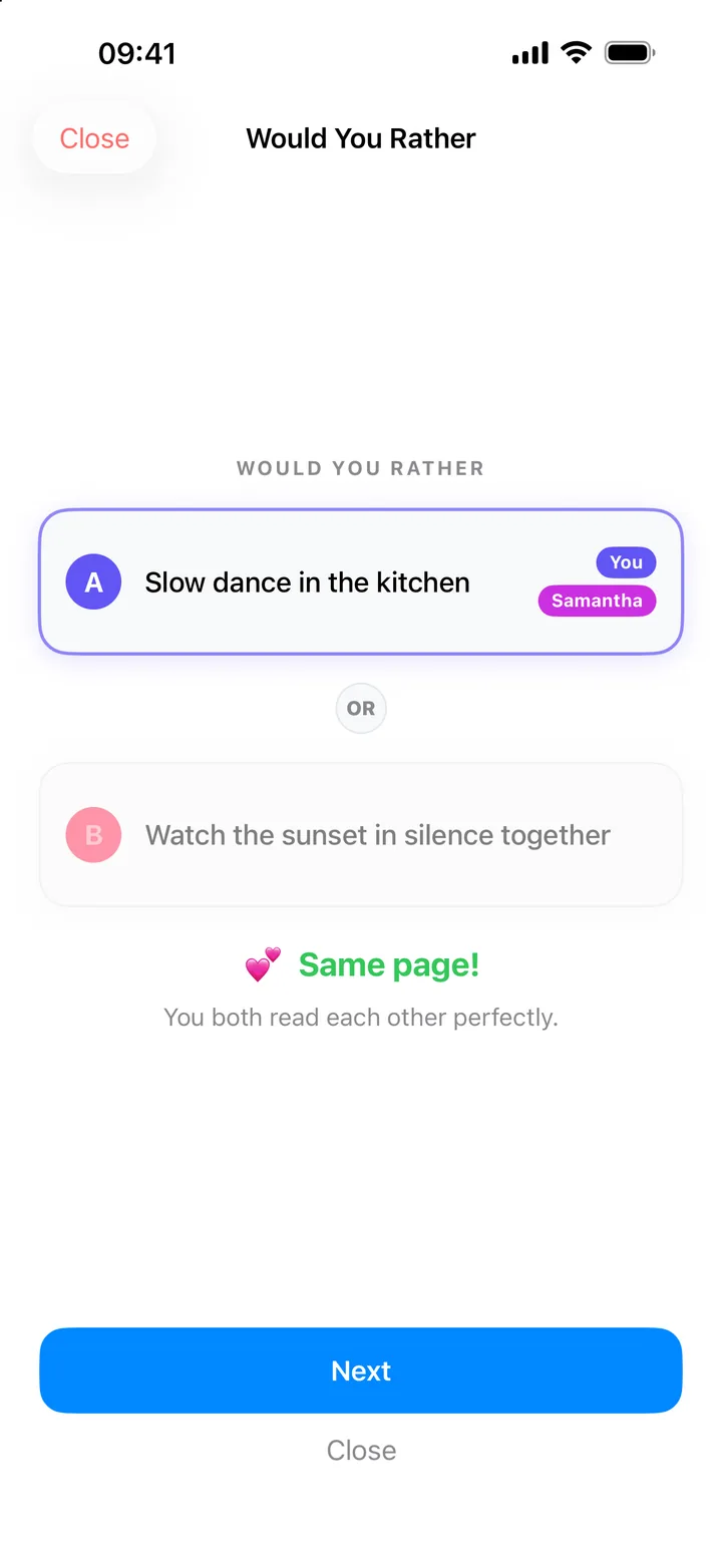 Would You Rather reveal: both picked slow dance in the kitchen, same page