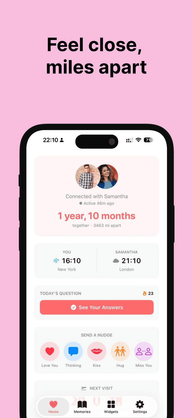FeelClose app home screen showing couple dashboard